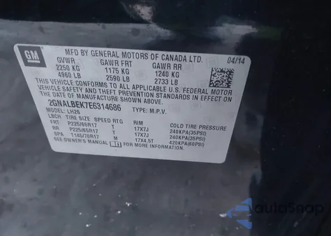 2014 Chevrolet Equinox 1Lt from USA, damaged, VIN 2GNALBEK7E6314686